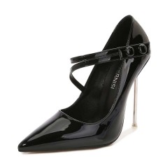 Pointed Toe Stiletto Metal Heels Mary Janes Pumps - Black Patent