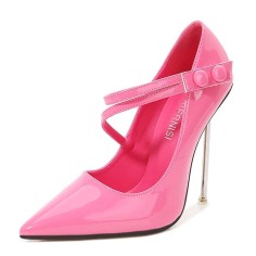 Pointed Toe Stiletto Metal Heels Mary Janes Pumps - Pink Patent