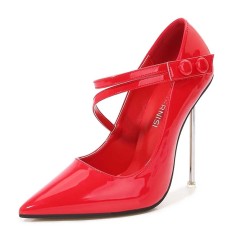 Pointed Toe Stiletto Metal Heels Mary Janes Pumps - Red Patent