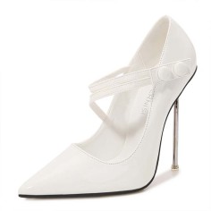 Pointed Toe Stiletto Metal Heels Mary Janes Pumps - White Patent