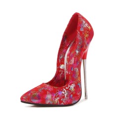 Pointed Toe Stiletto Metal Heels Flower Prints Pumps - Red Faux Leather