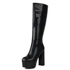Round Toe Side Zipper Knee Highs Chunky Heels Patent Platforms Boots - Black