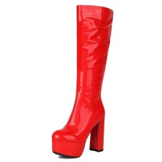 Round Toe Side Zipper Knee Highs Chunky Heels Patent Platforms Boots - Red
