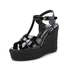 Peep Toe Hemb Rope Platforms Ankle Buckle T Straps Summer Wedges Sandals - Black Patent