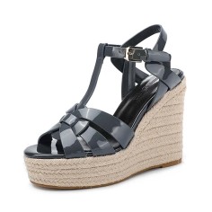 Peep Toe Hemb Rope Platforms Ankle Buckle T Straps Summer Wedges Sandals - Dark Gray Patent