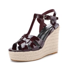Peep Toe Hemb Rope Platforms Ankle Buckle T Straps Summer Wedges Sandals - Dark Wine Patent