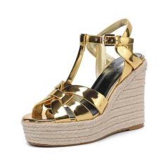 Peep Toe Hemb Rope Platforms Ankle Buckle T Straps Summer Wedges Sandals - Metallic Gold Patent
