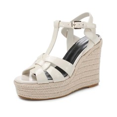 Peep Toe Hemb Rope Platforms Ankle Buckle T Straps Summer Wedges Sandals - Ivory Patent
