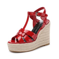 Peep Toe Hemb Rope Platforms Ankle Buckle T Straps Summer Wedges Sandals - Red Patent