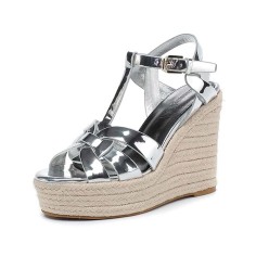 Peep Toe Hemb Rope Platforms Ankle Buckle T Straps Summer Wedges Sandals - Metallic Silver Patent