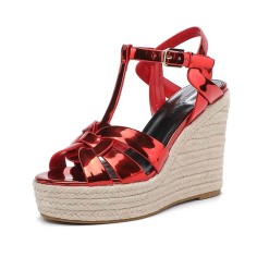 Peep Toe Hemb Rope Platforms Ankle Buckle T Straps Summer Wedges Sandals - Metallic Red Patent