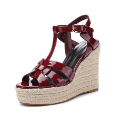 Peep Toe Hemb Rope Platforms Ankle Buckle T Straps Summer Wedges Sandals - Wine Patent
