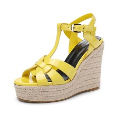 Peep Toe Hemb Rope Platforms Ankle Buckle T Straps Summer Wedges Sandals - Yellow Patent