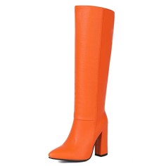 Pointed Toe Elegant Autumn Winter Chunky Heels Knee Highs Boots - Orange