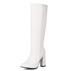 Pointed Toe Elegant Autumn Winter Chunky Heels Knee Highs Boots - White