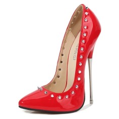 Pointed Toe Stiletto Metal Heels Rivet Decorated Pumps - Red Patent