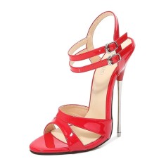 Peep Toe Stiletto Metal Heels Ankle Double Buckle Straps Sandals - Red Patent