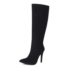 Pointed Toe Elegant Suede Rustic Stiletto Heels Knee Highs Boots - Black