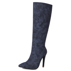Pointed Toe Elegant Suede Rustic Stiletto Heels Knee Highs Boots - Blue