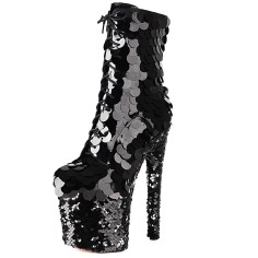 Round Toe Stiletto Heels Bling Sequined Glitters Lace Up Side Zipper Platforms Ankle Highs Boots - Black