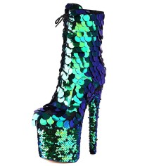 Round Toe Stiletto Heels Bling Sequined Glitters Lace Up Side Zipper Platforms Ankle Highs Boots - Green