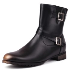 Round Toe Chunky Heels Ankle Highs Decorated Buckle Straps Chelsea British Style Motorcycle Boots - Black