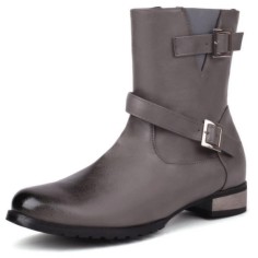 Round Toe Chunky Heels Ankle Highs Decorated Buckle Straps Chelsea British Style Motorcycle Boots - Gray