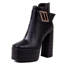 Square Toe Chunky Heels Crocodile Pattern Ankle Buckle Straps Platforms Zipper Boots - Black Faux Leather