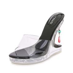 Peep Toe Strange Style Transparents Decorated Heels Sandals - Black PVC