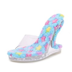 Peep Toe Strange Style Plush Crysal Transparents Heels Sandals - Blue PVC