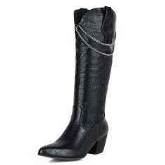 Pointed Toe Chunky Heels Chain Decorated Western Style Crocodile Pattern Knee Highs Boots - Black