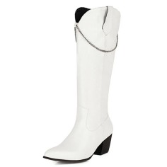 Pointed Toe Chunky Heels Chain Decorated Western Style Crocodile Pattern Knee Highs Boots - White