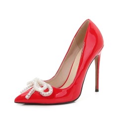 Pointed Toe Stiletto Heels Butterfly Pearl Beads Decorated Pumps - Red Patent