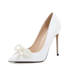 Pointed Toe Stiletto Heels Butterfly Pearl Beads Decorated Pumps - White Patent