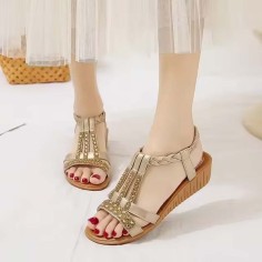 Peep Toe Bohemian Style Ankle Slingback Rhinestones Platforms Outdoor Beach Wedges Sandals - Gold Faux Leather
