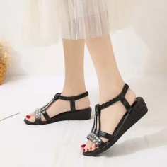Peep Toe Bohemian Style Ankle Slingback Rhinestones Platforms Outdoor Beach Wedges Sandals - Black Faux Leather