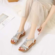 Peep Toe Bohemian Style Ankle Slingback Rhinestones Platforms Outdoor Beach Wedges Sandals - Silver Faux Leather
