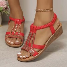 Peep Toe Bohemian Style Ankle Slingback Rhinestones Platforms Outdoor Beach Wedges Sandals - Red Faux Leather