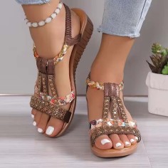 Peep Toe Bohemian Style Ankle Slingback Rhinestones Platforms Outdoor Beach Wedges Sandals - Dark Brown Faux Leather