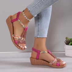 Peep Toe Bohemian Style Ankle Slingback Rhinestones Platforms Outdoor Beach Wedges Sandals - RoseRed Faux Leather