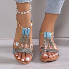 Peep Toe Bohemian Style Ankle Slingback Rhinestones Platforms Outdoor Beach Wedges Sandals - SkyBlue Faux Leather