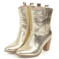 Pointed Toe Chunky Heels Western Style Crocodile Pattern Ankle Highs Boots - Gold