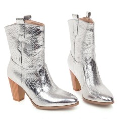 Pointed Toe Chunky Heels Western Style Crocodile Pattern Ankle Highs Boots - Silver