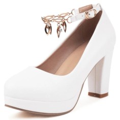 Round Toe Chunky Heels Ankle Buckle Crystal Straps Low Platforms Pumps - White