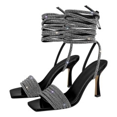 Square Open Toe Sparkling Rhinestones Stiletto Open back Wrapped Gladiator Lace Up Blings Sandals - Black