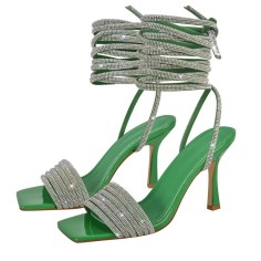 Square Open Toe Sparkling Rhinestones Stiletto Open back Wrapped Gladiator Lace Up Blings Sandals - Green