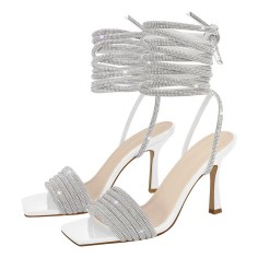 Square Open Toe Sparkling Rhinestones Stiletto Open back Wrapped Gladiator Lace Up Blings Sandals - White