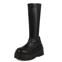 Round Toe Platforms Split Leather Knee Highs Wedges Boots - Black