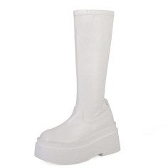Round Toe Platforms Split Leather Knee Highs Wedges Boots - White
