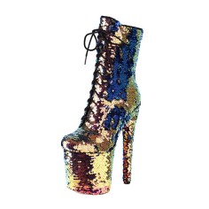 Round Toe Stiletto Heels Bling Sequin Lace Up Ankle Highs Platforms Boots - Gold Faux Leather